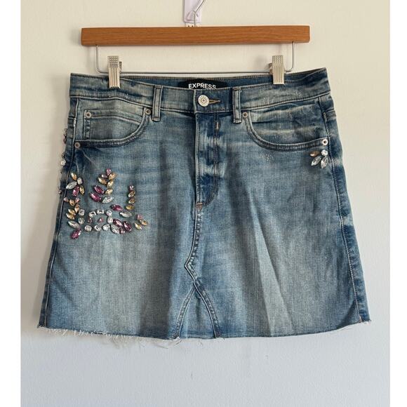 Express Women’s Size 6 Embellished Denim Mini Skirt y2k Glam Bejeweled Festival - Picture 1 of 7